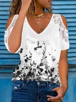 Holiday floral print stitched lace wide truffle shoulder top T-shirt