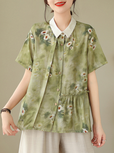 Stand Collar Loose Casual Floral Blouse