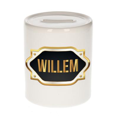 Spaarpot met voornaam Willem - wit - goud/zwart embleem - 8 x 9 cm - keramiek - afsluitdop
