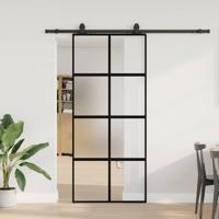 Schuifdeur met beslagset 90x205 cm gehard glas zwart