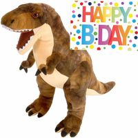 Pluche knuffel Dino T-rex van 25 cm met A5-size Happy Birthday wenskaart - Knuffeldier