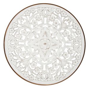 Clayre & Eef Wanddecoratie Ø 80x3 cm Wit Bruin Hout Metaal Rond Bloemen Muurdecoratie Wit Muurdecoratie