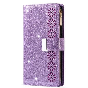 iPhone SE 2022 hoesje - Bookcase - Koord - Pasjeshouder - Portemonnee - Glitter - Bloemenpatroon - Kunstleer - Paars