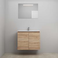 On-Line Badkamermeubelset - 80 cm - Bouwpakket - Greeploos 2 Deuren - Porseleinen Wastafel - 1 Kraangat - Spiegel met LED-Verlichting - Eiken
