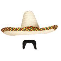 Carnaval verkleed set - Mexicaanse sombrero hoed met plaksnor - naturel - heren