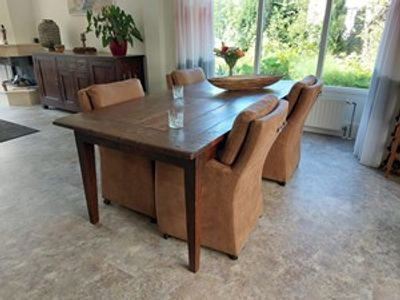 Set van 4 leren eetkamerfauteuils - met armleuning en wieltjes - bruin leer - Echt leer, Landelijk, ontdek de vele Leersoorten en Kleuren bij ShopX