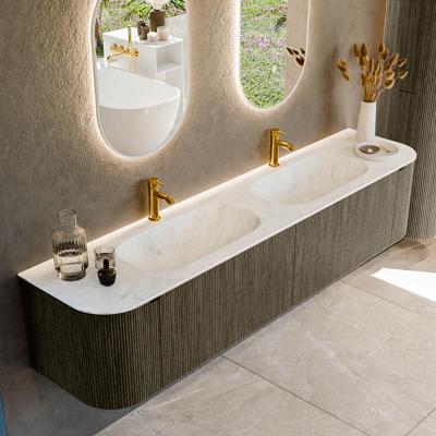 Badmeubel Mondiaz Kurve-Dlux | 200 cm cm | Meubelkleur Shadow | Wastafelkleur Opalo | Solid surface | Wasbak beiden zijden spoelbak | 2 kraangaten