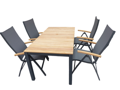 Set van Arashi tafel 169x90 cm grijs/teak en 4 Lucca stoelen antraciet/teak - Suns