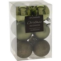 12x stuks kerstballen mix groen tinten kunststof 6 cm - Kerstbal - thumbnail