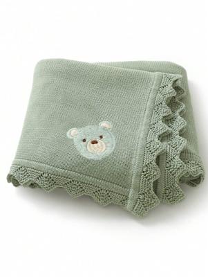 1pc Baby Knitted Blanket, Cute Bear Embroidery Romantic Wavy Edge, Comfortable & Minimalist, Suitable For Stroller, All Seasons Green / one-size