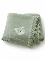 1pc Baby Knitted Blanket, Cute Bear Embroidery Romantic Wavy Edge, Comfortable & Minimalist, Suitable For Stroller, All Seasons Green / one-size