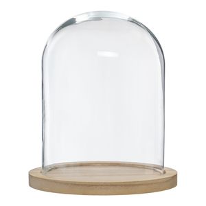 Home decoratie glazen stolp op houten plateau - glas/lichtbruin - D23 x H29.5 cm