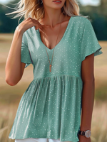 Women's Short Sleeve Shirt Summer Green Polka Dots V Neck Daily Casual Top