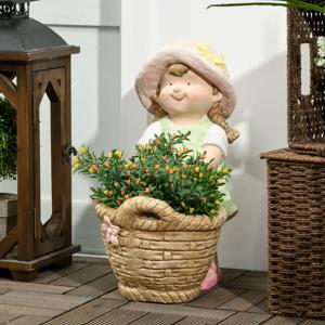 Outsunny Buitenzonnig tuinbeeldje meisje met bloempot Weerbestendig tuinbeeld