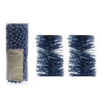 Kerstversiering set van 2x stuks folieslingers en 1x stuks kralenslingers donkerblauw