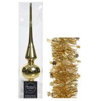 Kerstversiering glazen piek glans 26 cm en sterren folieslingers pakket goud van 3x stuks