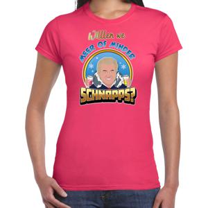 Apres ski t-shirt voor dames - meer of minder schnaps - roze - wintersport - Wilders - politiek