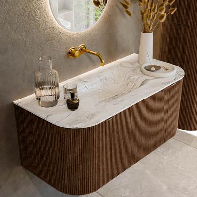 Badmeubel Mondiaz Kurve-Dlux | 100 cm | Meubelkleur Walnut | Wastafelkleur Glace | Solid surface | Midden spoelbak | Zonder kraangat(en)