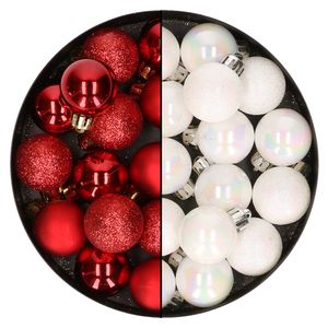 28x stuks kleine kunststof kerstballen rood en parelmoer wit 3 cm