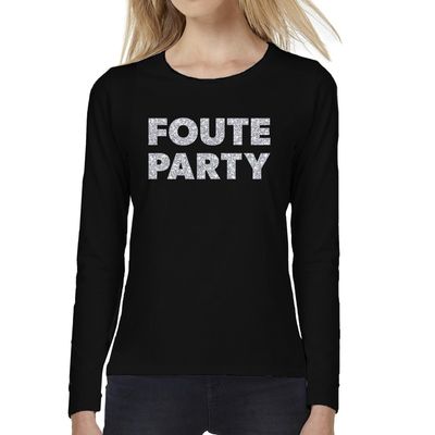 Foute Party zilver glitter t-shirt long sleeve zwart voor dames