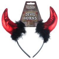Halloween duivel hoorntjes met bont - diadeem - rood/zwart - kunststof - Verkleedhoofddeksels
