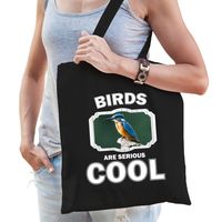 Katoenen tasje birds are serious cool zwart - vogels/ ijsvogel zittend cadeau tas   -