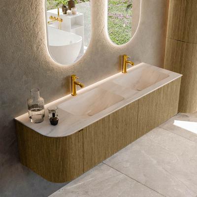 Badmeubel Mondiaz Kurve-Dlux | 155 cm | Meubelkleur Dusk | Wastafelkleur Meli | Solid surface | Dubbel / Rechts spoelbak | 2 kraangaten