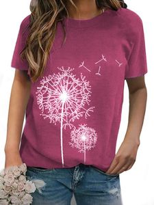 Dandelion Print Cotton-Blend Short Sleeve Casual T-Shirt