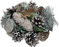 Theelichthouder kunststof dennenappel 18x8cm wit, groen