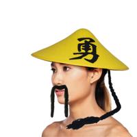 Aziatisch Chinese verkleedset - hoedje met staart en plaksnor - Carnaval verkleed accessoires