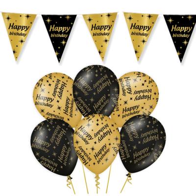 Happy Birthday thema versiering set - zwart/goud - 12x ballonnen - 2x vlaggenlijnen