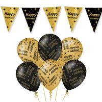Happy Birthday thema versiering set - zwart/goud - 12x ballonnen - 2x vlaggenlijnen