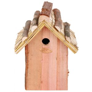 Houten vogelhuisje met rieten dakje 18x27 cm
