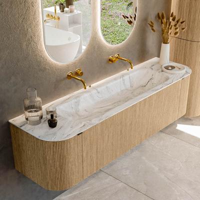 Badmeubel Mondiaz Kurve-Dlux | 170 cm | Meubelkleur Oak | Wastafelkleur Glace | Solid surface | Midden spoelbak | Zonder kraangat(en)