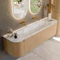 Badmeubel Mondiaz Kurve-Dlux | 170 cm | Meubelkleur Oak | Wastafelkleur Glace | Solid surface | Midden spoelbak | Zonder kraangat(en)