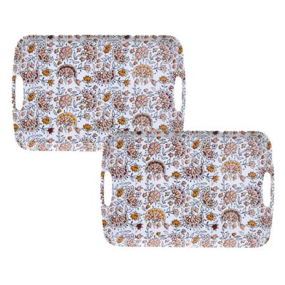 5Five Design dienblad van melamine - 2x - 39 x 26 x 2 cm - flowers print wit