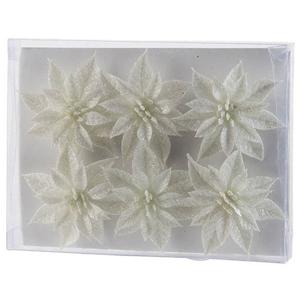 Bloemen op clip - 6x st - wit - glitter - 8 cm - kerstversiering