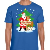 Foute Kerst t-shirt kerstman en rendier Rudolf blauw heren - thumbnail