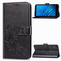 Voor moto E6 vier-blad clasp reliëf gesp mobiele telefoon bescherming lederen draagtas met Lanyard & Card slot & portemonnee & beugel functie (zwart)