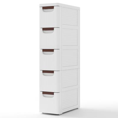 Nissenkast Smal met Wielen Nissenplank 20cm Breed Badkamerwagen Wit (5 Laden)