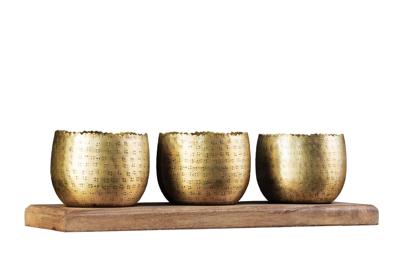 Kom ORIENT set van 3 hamerslag effect goud natuurlijke mangohouten voet - 44895