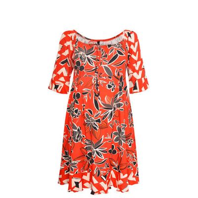 Yoek gebloemde jurk rood/ecru/zwart