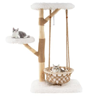 123 cm Kattenboom met Hangmand & Klimtoren & Echte Houten Takken Krabpaal Kattenactiviteitsboom