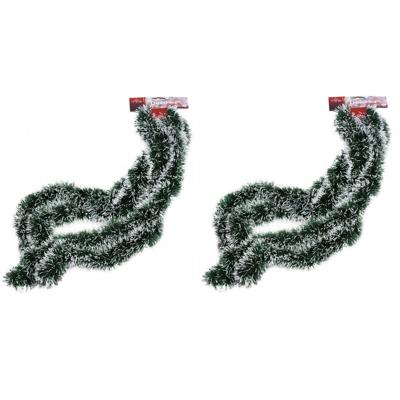 Kerstslinger - 2x - groen - met sneeuw - 270 cm - folie/lametta - slinger - kerstversiering