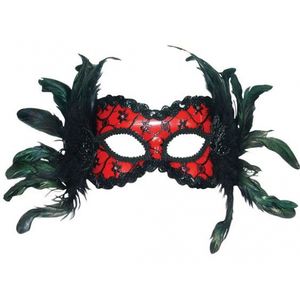 Oogmasker rood met veren   -