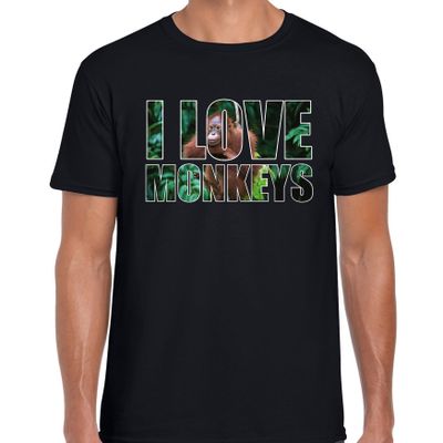 Tekst t-shirt I love monkeys met dieren foto van een orang oetan aap zwart voor heren Tekst t-shirt I love monkeys met dieren foto van een orang oetan aap zwart voor heren