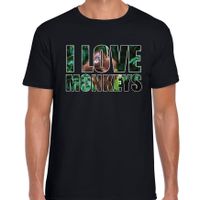 Tekst t-shirt I love monkeys met dieren foto van een orang oetan aap zwart voor heren