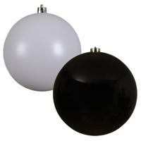 2x stuks grote kerstballen van 20 cm glans van kunststof wit en zwart - Kerstbal - thumbnail