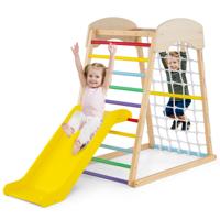 4-In-1 Houten Speeltoestel met Dubbelzijdige Hellingbaan Klimrek Klimnet Klimladder Montessori Indoor Klimspeelset Vloerankers