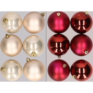 12x stuks kunststof kerstballen mix van champagne en donkerrood 8 cm